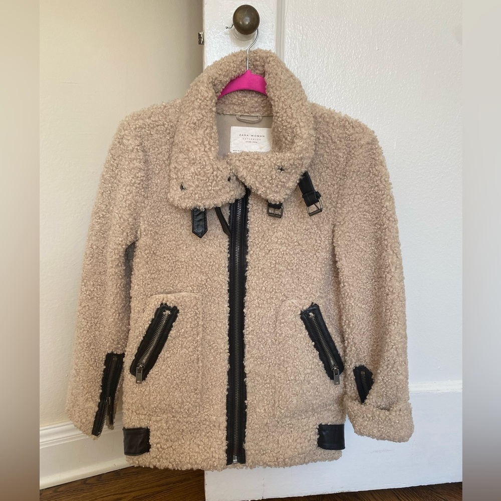 Zara Teddy Jacket with Leather Details